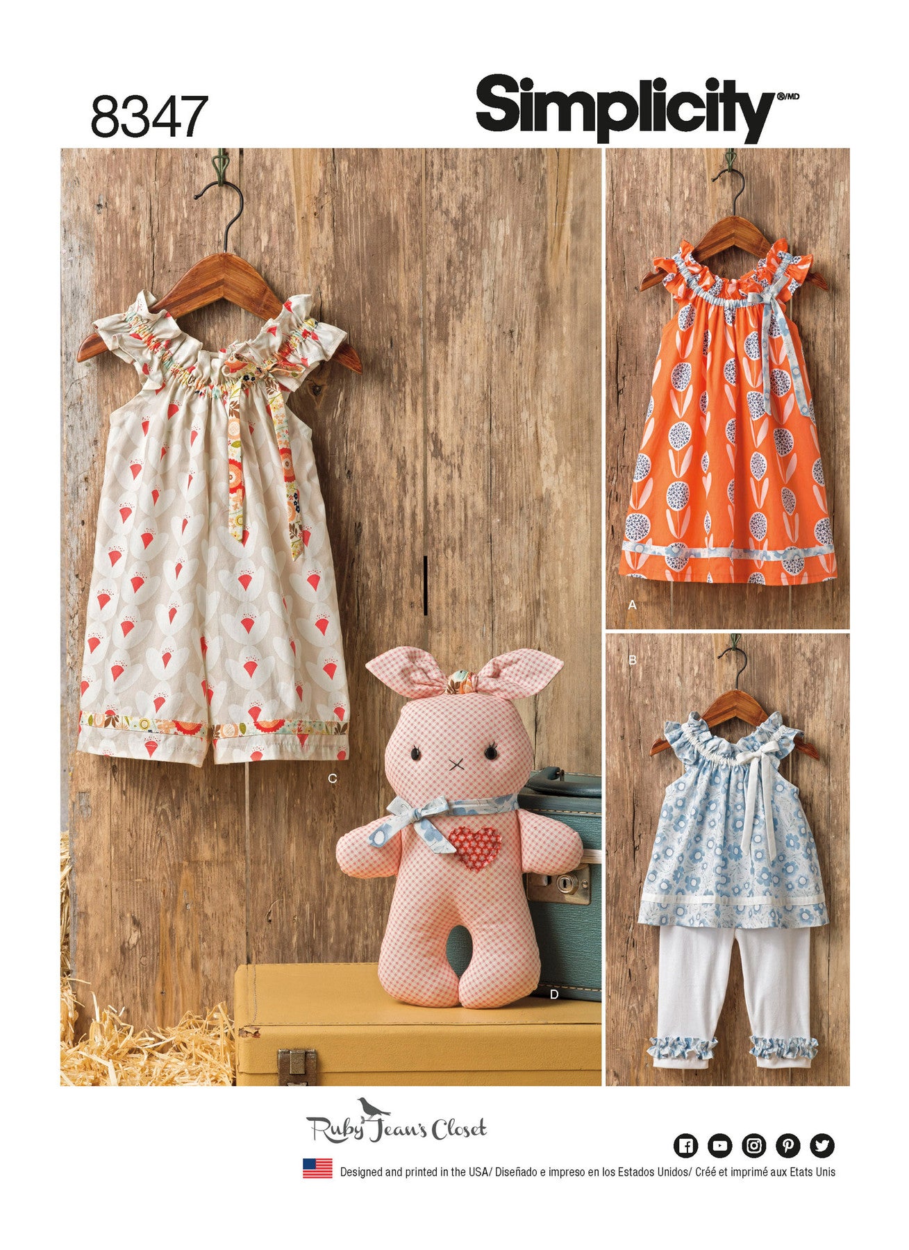 Simplicity S8347 – Toddlers’ Dress, Top, Knit Capris, Romper & Stuffed Bunny Sewing Pattern (Sizes 1/2–4)
